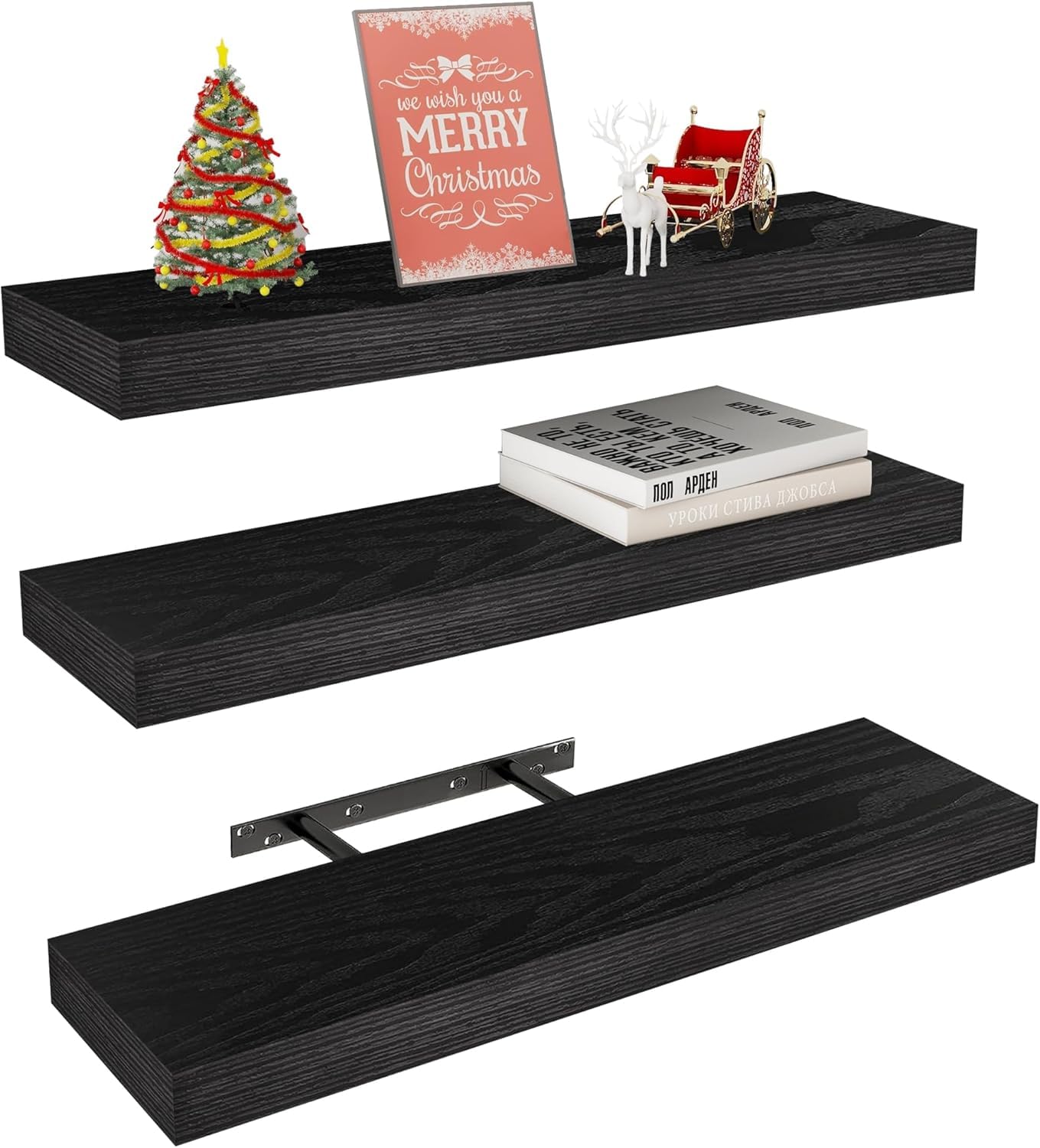 Three matte black Vervida 15 inch floating shelves, 5.8 inches deep