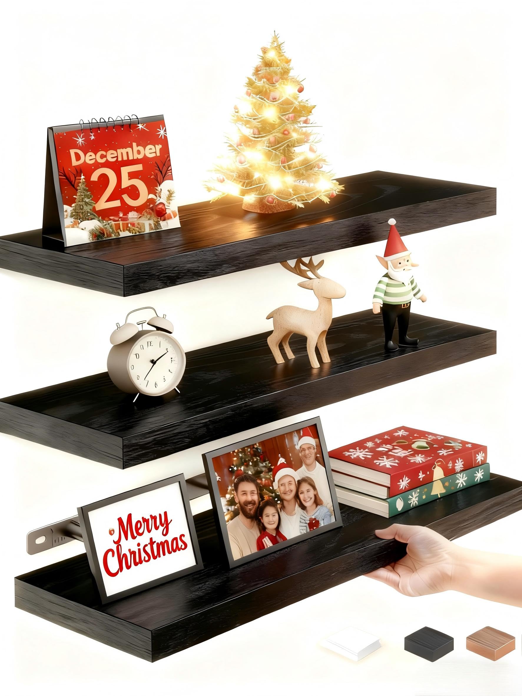 Three black Vervida 15 inch floating shelves, 6.8 inches deep