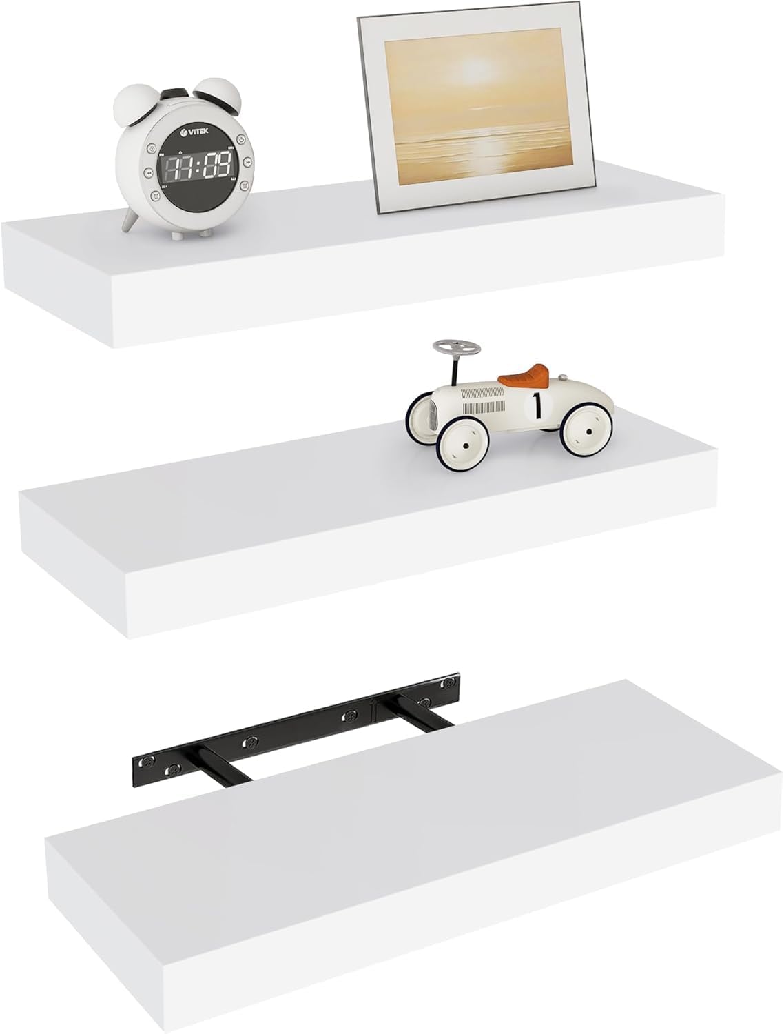 Three white Vervida 17 inch floating shelves, 6.8 inches deep