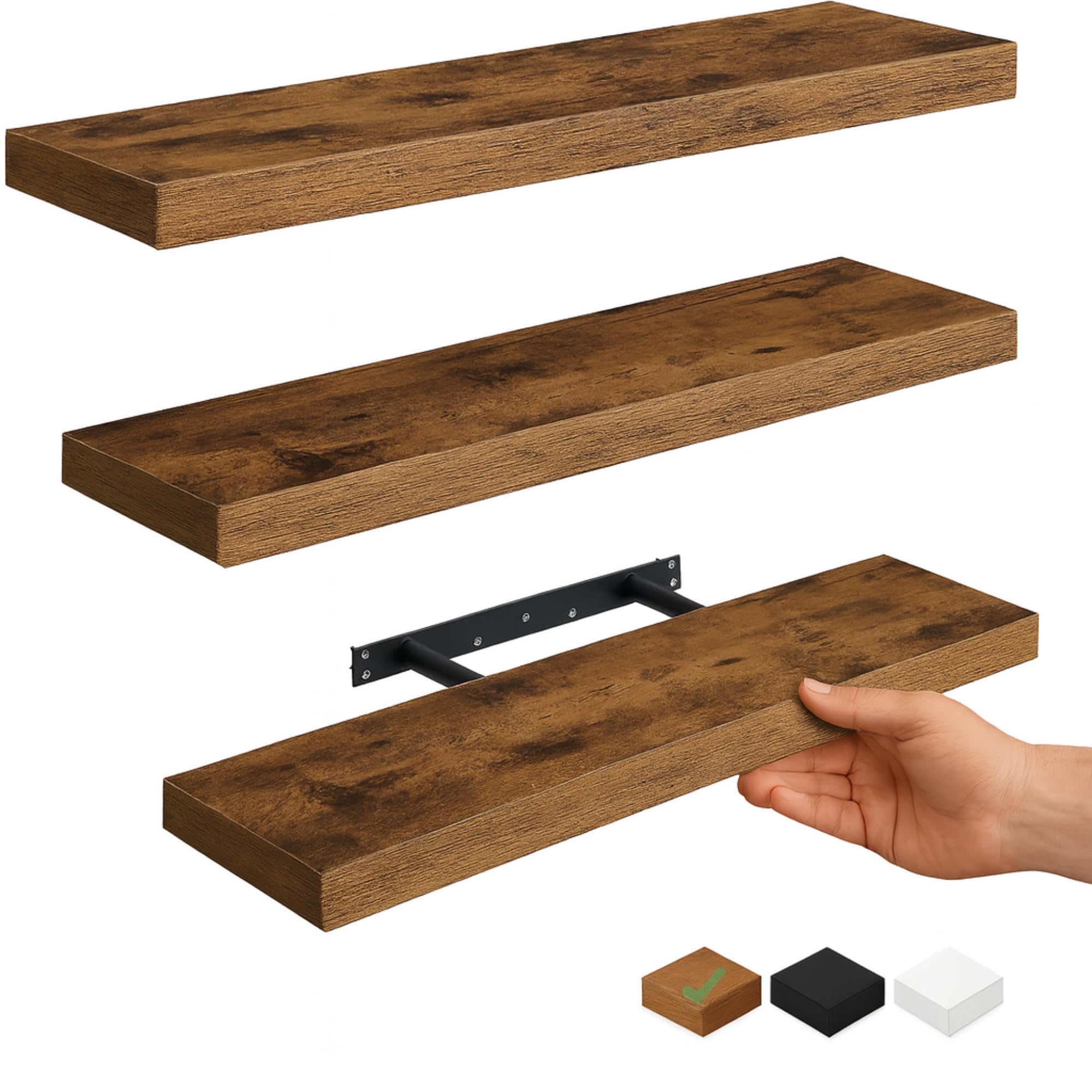 Three rustic brown Vervida 17 inch floating shelves, 6.8 inches deep