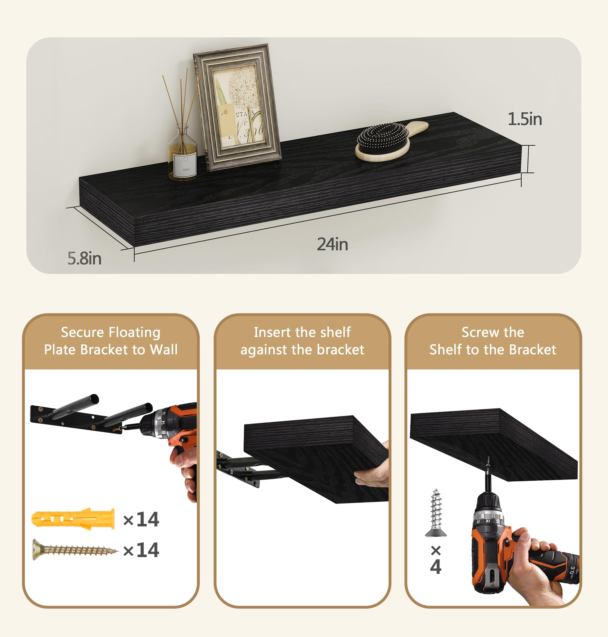Three-step installation guide for Vervida black floating shelves