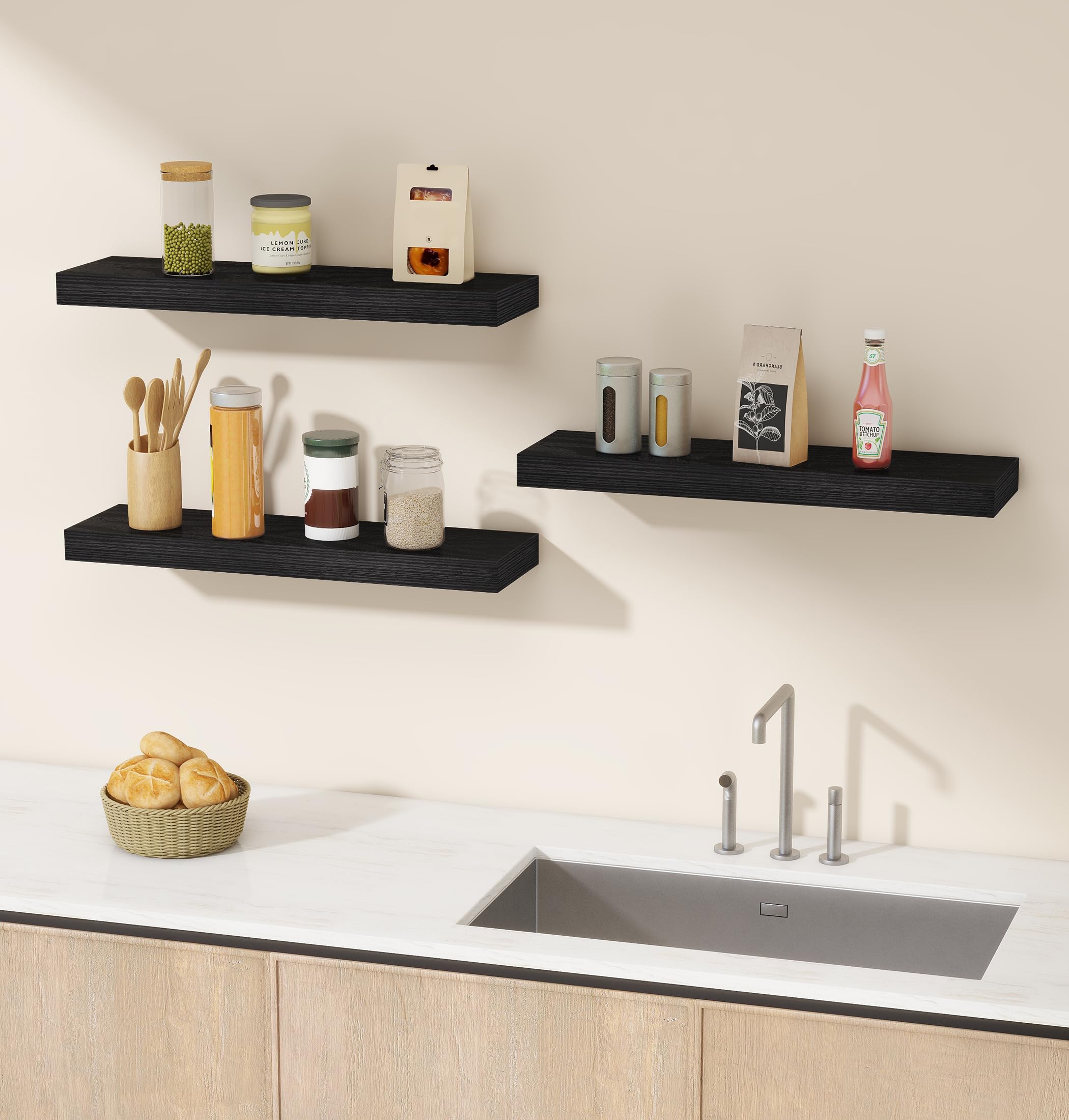 Three black Vervida floating shelves mounted above a kitchen counter