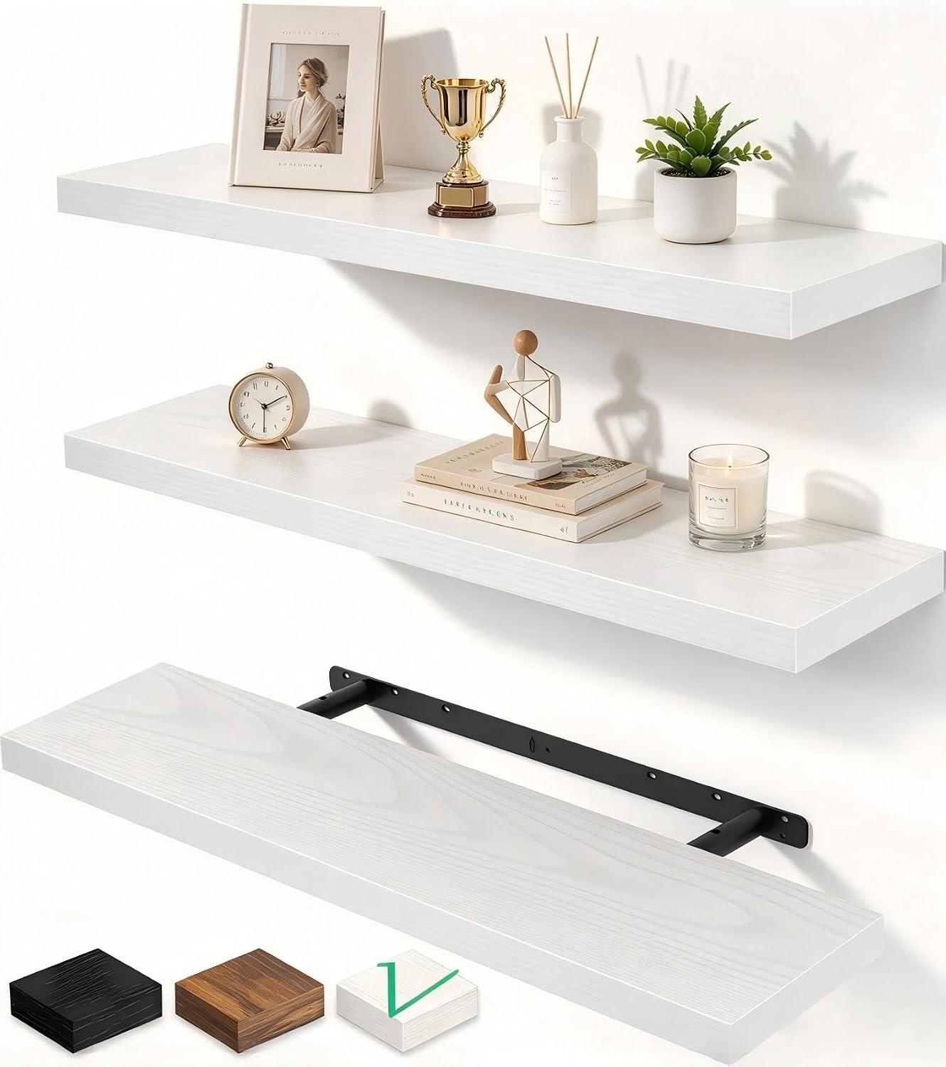 Three wood-grain white Vervida 24 inch floating shelves, 5.8 inches deep