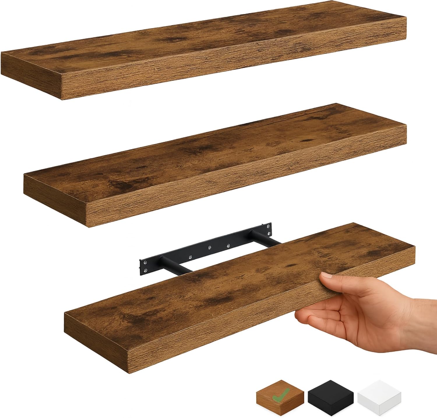 Three rustic brown Vervida 24 inch floating shelves, 7.9 inches deep