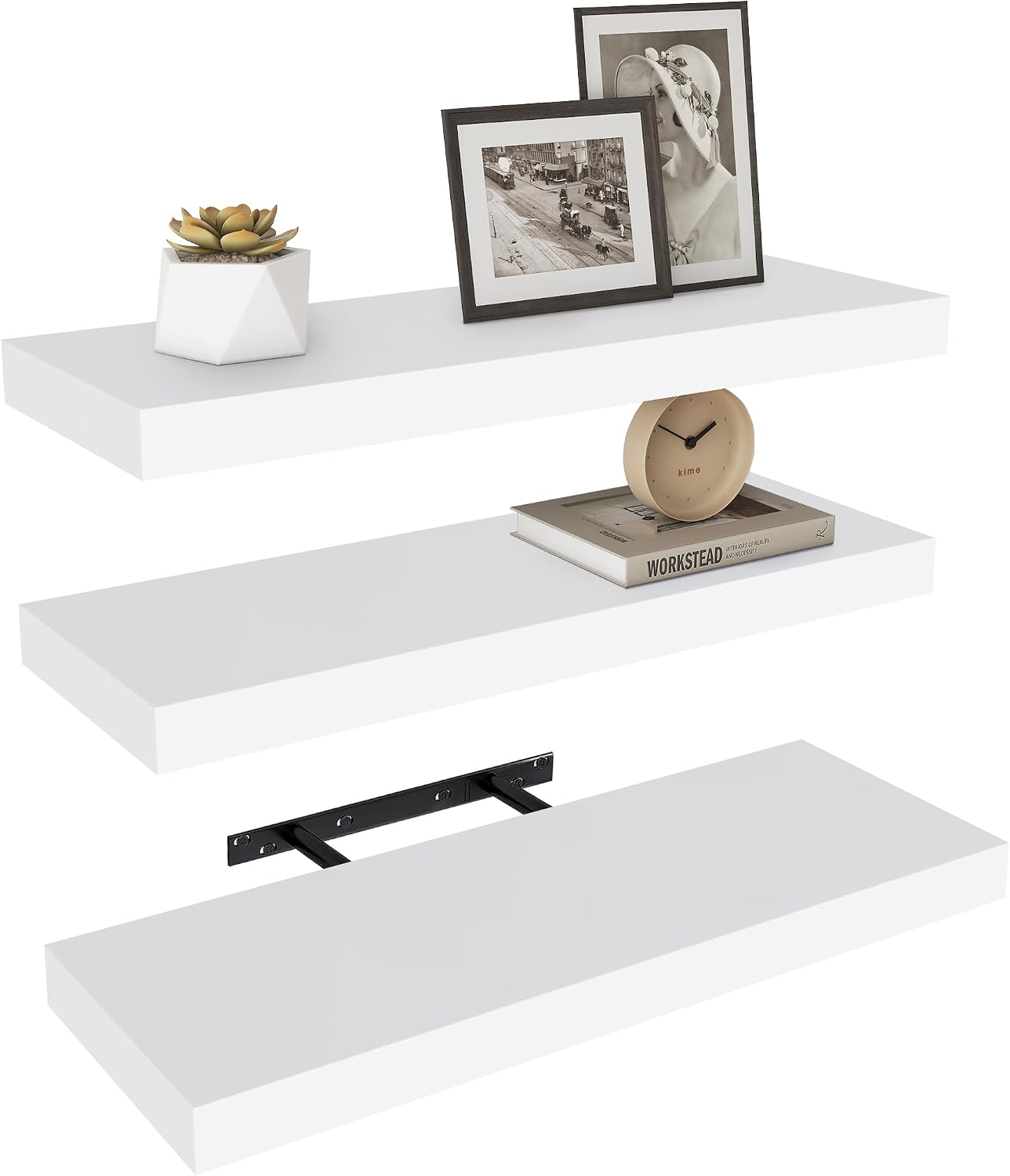 Three white Vervida 24 inch floating shelves, 7.9 inches deep