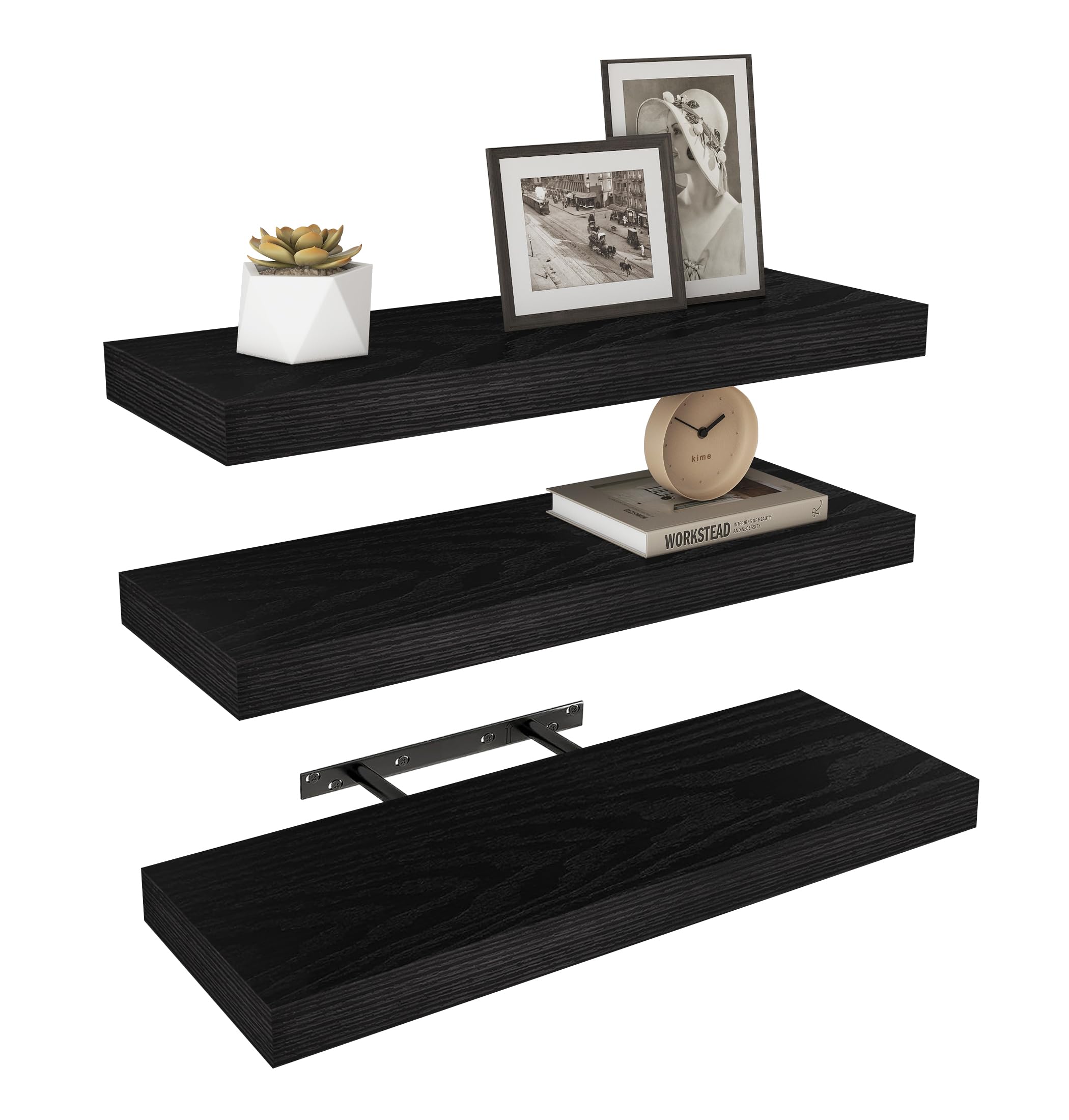 Three black Vervida 24 inch floating shelves, 7.9 inches deep