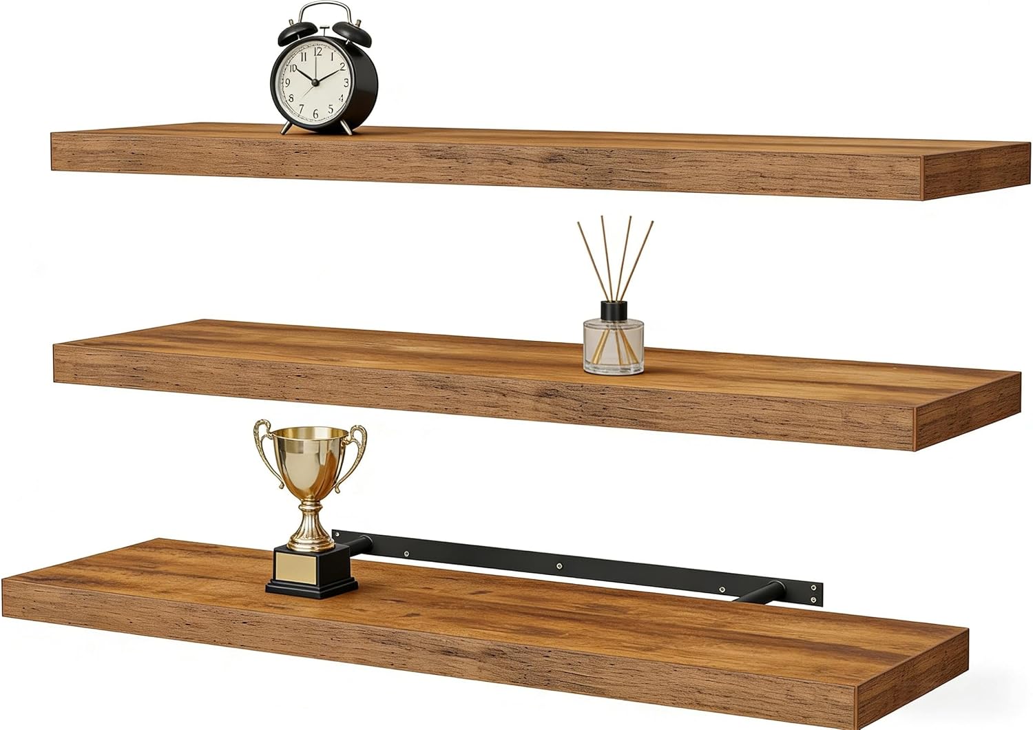 Three rustic brown Vervida 35.4 inch floating shelves, 9.3 inches deep