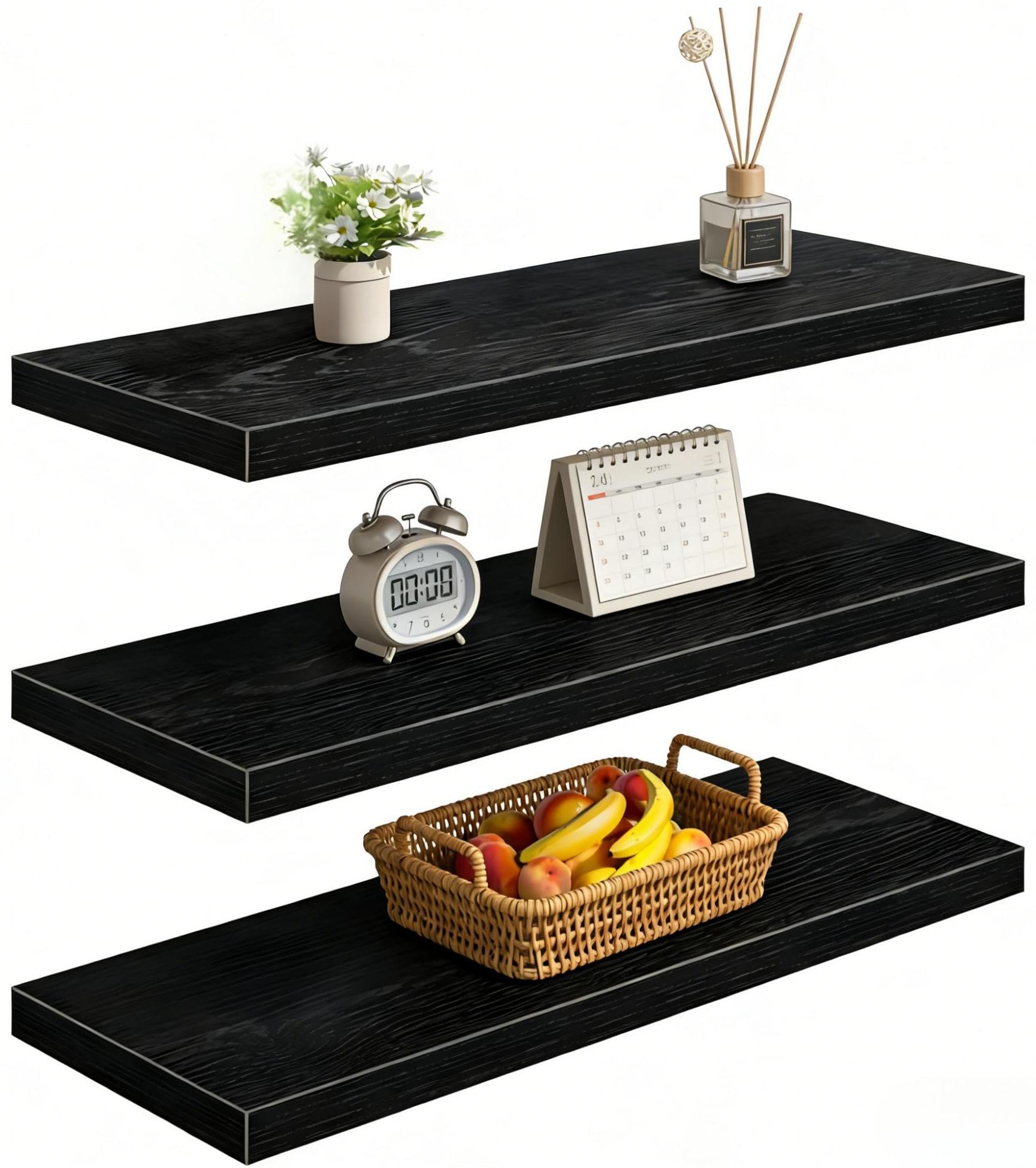 Three black Vervida 47.2 inch floating shelves, 9.3 inches deep