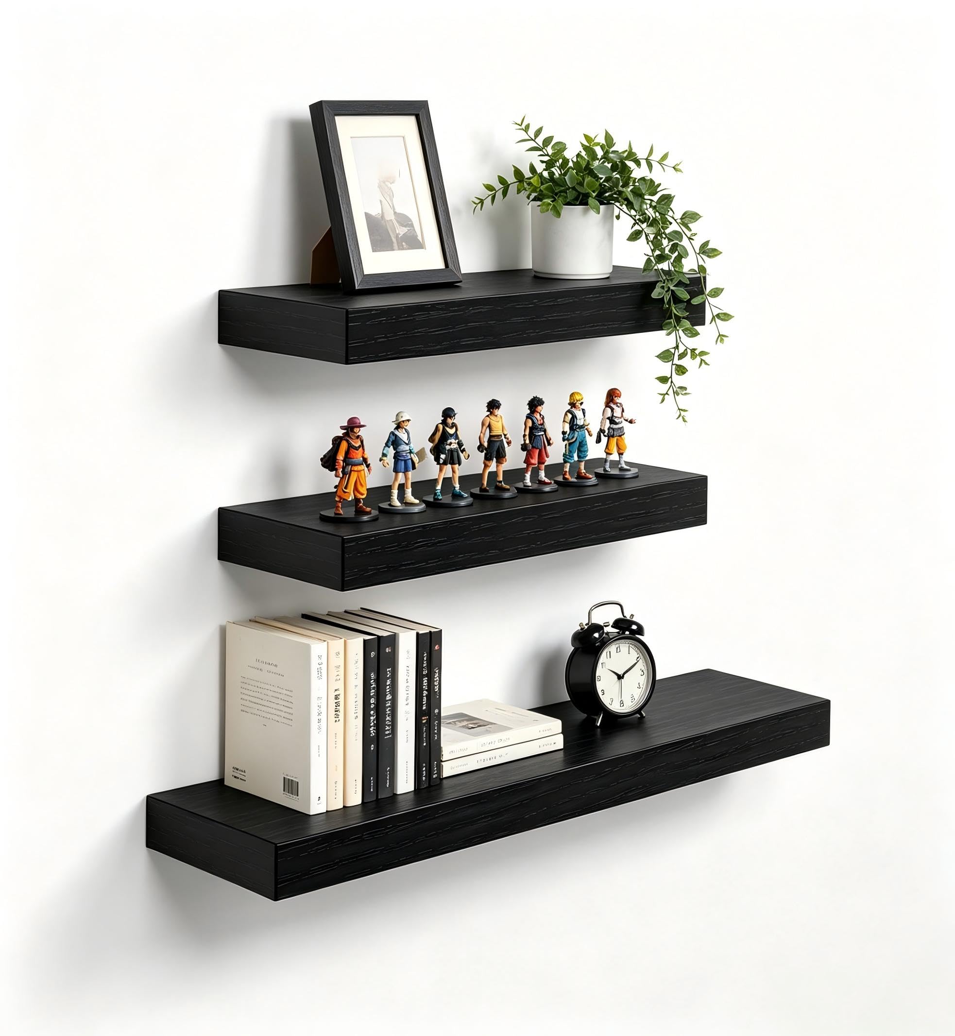 Vervida black multi-size floating shelf set with two 15 inch and one 24 inch shelf